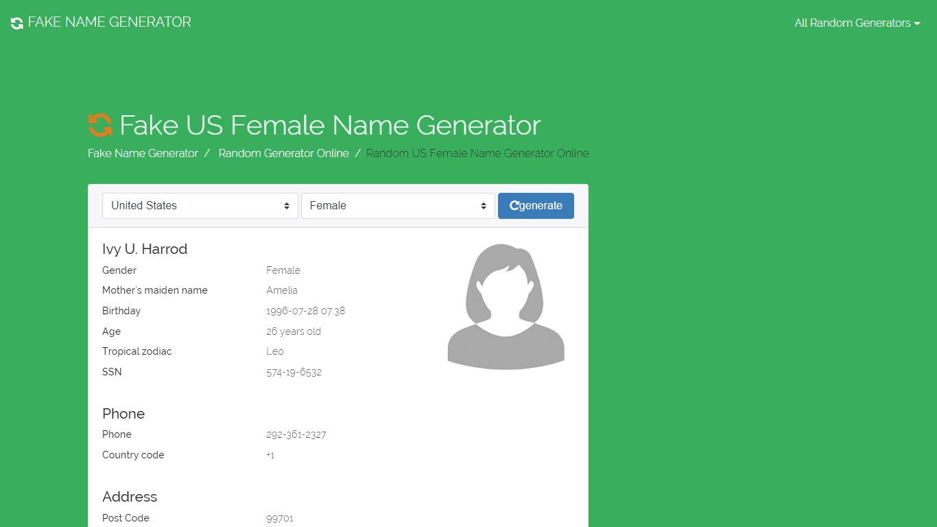 Fake US Female name generator online,Generate a Random US Female Name ...